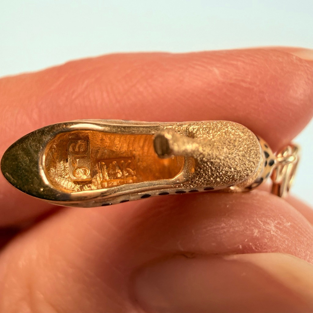 14K Solid Yellow Gold Stuller Enamel Leopard High Heel Shoe VTG Charm Pendant - Picture 7 of 9